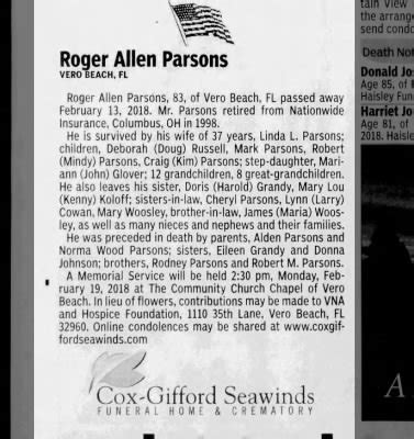 Obituary for Roger A Parsons .
